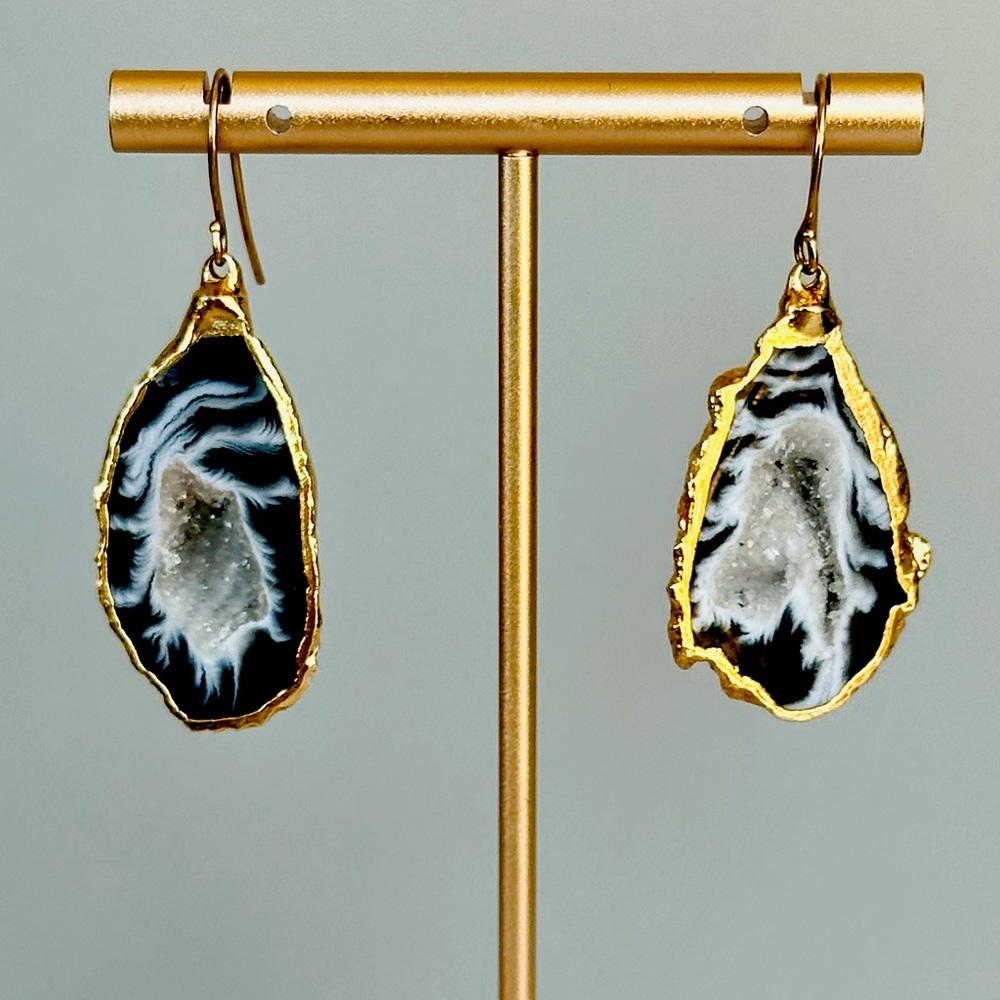 NEW Black Agate Drop Earrings 22K Gold Dip